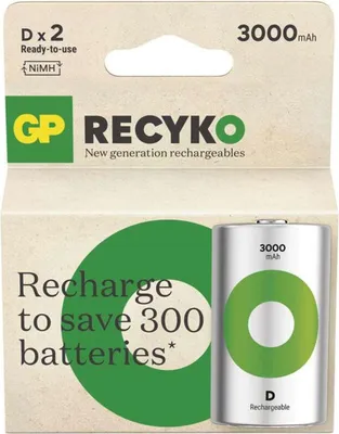 Zdjęcie produktu dla GP Batteries Recyko 3000 D, 3000 mAh, Niklowo-metalowo-wodorkowa (NiMH), D, 1,2 V, Zielony, Srebrny, 2 szt.