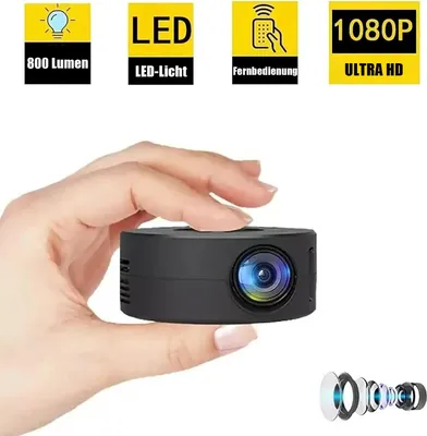 A hand holding a small black projector with marketing icons above.
