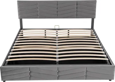 Produktbild von Merax Polsterbett 160x200cm mit höhenverstellbarem Kopfteil, hydraulisches Boxspringbett mit Lattenrost und Stauraum, Doppelbett Holzbett Samt, Grau