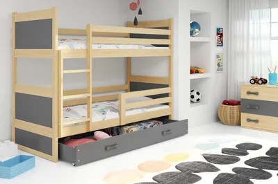 Produktbild von Kinderhochbett mit Stauraum und Matratzen 80x160 FERGUS – Kiefer / Graphit