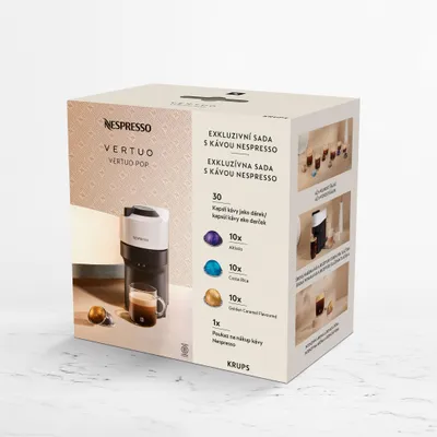 A Nespresso Vertuo Pop coffee machine gift set box.