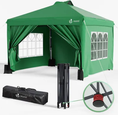 A green pop-up canopy tent is shown with its frame and carrying bag.