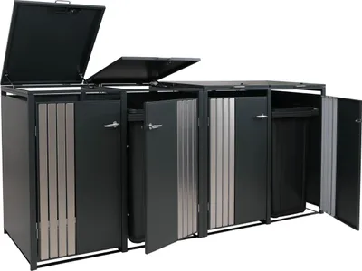 A multi-compartment trash bin enclosure with open doors and lids, displayed against a white background.