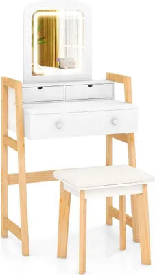 Immagine prodotto di Tavolo da toeletta in legno con specchio, sgabello e 3 cassetti, bianco