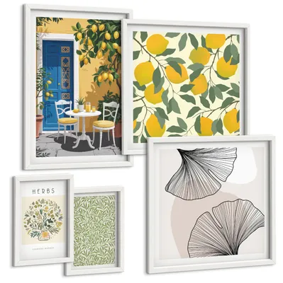 Produktbild von Bilder Set 5-teilig im weißen Rahmen – Wandbilder 5 Stück – gerahmte Poster für Wohnzimmer, Schlafzimmer und Flur – 50x50 cm - 40x60 cm – Zitronenkräuter und -blätter
