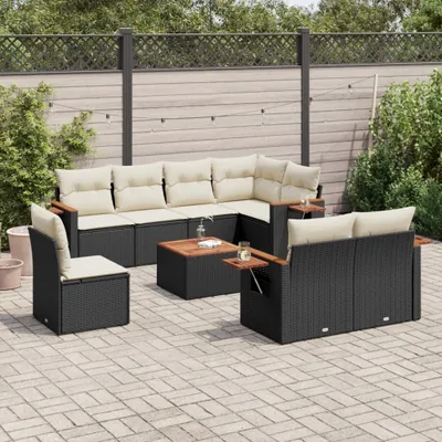 Produktbild von Design 9-tlg. Garten-Sofagarnitur mit Kissen Schwarz Poly Rattan, Gartenmöbel-Sets 2024 Neu