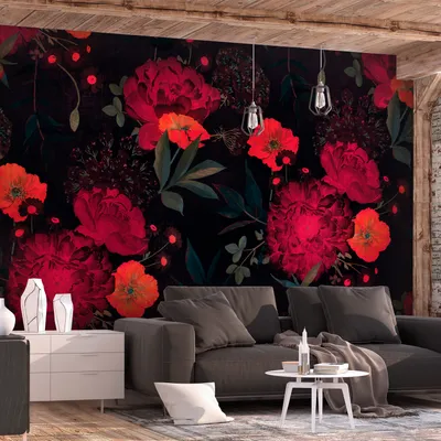 Produktbild von Vlies Fototapete Blumen 400x280 cm Tapeten Wandtapete XXL MohnBlumen Päonie Blätter Natur schwarz rot b-C-10143-a-a