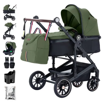 Produktbild von Daliya® NEOMOVE 3in1 Kinderwagen | mit i-Size Babyschale & Buggy | Alu-Rahmen Reisekinderwagen | Kombikinderwagen mit großen Einkaufskorb | für Stadt und Gelände | Sicher & Komfortabel (Rahmen: Schwarz, Stoff: Olivgrün)