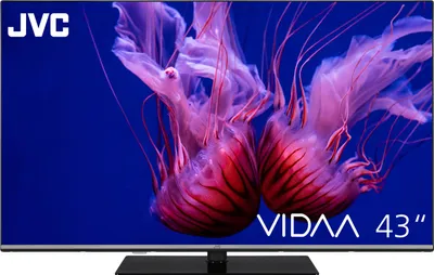 A television screen displaying a vibrant image of jellyfish.