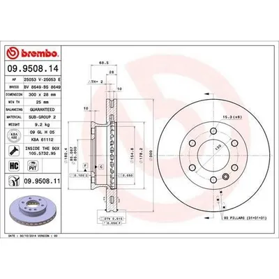 Productafbeelding van BREMBO remschijven (2 stuks), vooras, artikelnummer: 09.9508.14