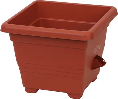 A terracotta-colored plastic planter with a built-in watering system, shown against a white background.
