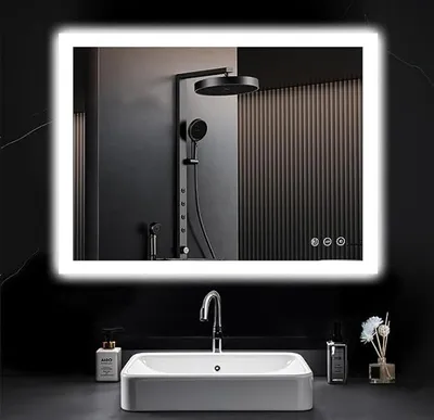 Image de Miroir de salle de bain LED avec éclairage, 3 températures de couleur, variateur d'intensité, fonction anti-buée, miroir mural pour salle de bain avec fonction mémoire, interrupteur tactile, verre résistant aux explosions, dimensions 60x80 cm
