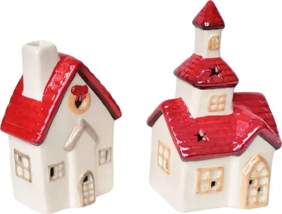 Immagine prodotto di Chiesa da 16 cm e casa da 13 cm in Vetroceramica con illuminazione a LED, set da 2