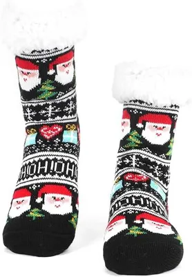 Productafbeelding van Kerstsokken - 1 paar - met teddyfleece voering en een antislipzool - met nopjes - kerstmotieven: rendierhoofd, kerstman - zwart
