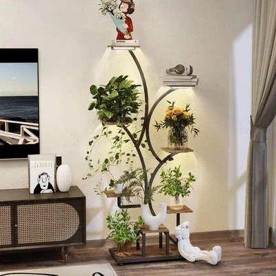 Image de Support pour plantes d'intérieur avec lampe de croissance - Support métallique pour 8 pots de fleurs