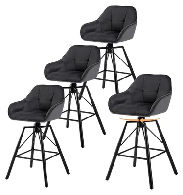 Produktbild von Barhocker Set mit 4 Stühlen, 360° drehbar, Bistrohocker mit Rückenlehne und Fußstütze, gepolstert, Samt, Metall, Dunkelgrau