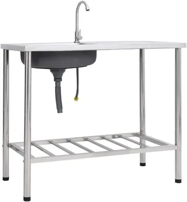 Produktbild von Camping-Spüle mit Wasserhahn und Abtropffläche aus Edelstahl