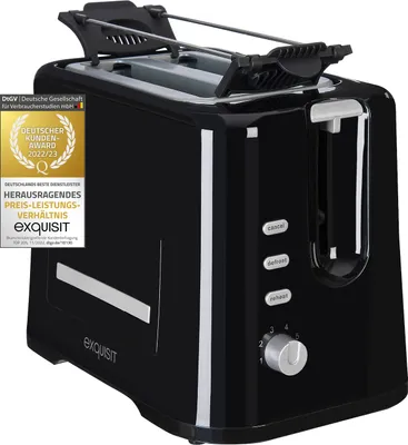A black Exquisit toaster is shown from a slightly elevated front-right angle against a light gray background. A promotional award badge is visible on the left side of the toaster.