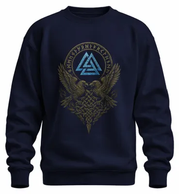 Imagen del producto de Sudadera uni con motivos rúnicos "Wotansknoten", diseño de cuervos y nudo celta, color azul marino, talla XL