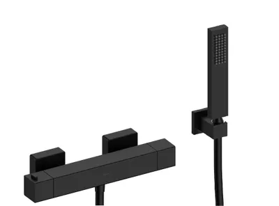 Produktbild von SANYCCES CUBO Brausebatterie mit Thermostat und Brausehalter, Handbrause & Brauseschlauch, schwarz matt