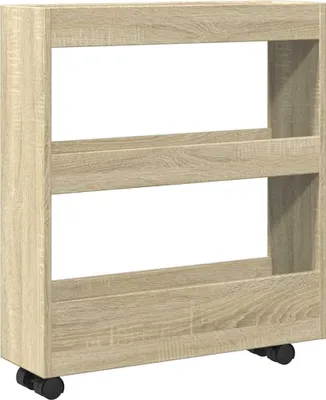 A narrow, three-tier storage cart with wheels, made of wood-look material.