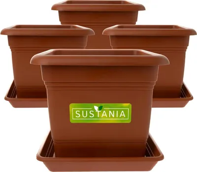 A set of four brown square planters with matching saucers, arranged in a staggered formation against a white background. One planter in the foreground has a green and white label with the text 'SUSTANIA' and a leaf logo.