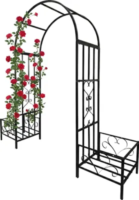 Produktbild von Relaxdays Rosenbogen Metall, mit Pflanzkästen, Torbogen Garten, HBT 206x216x50cm, Rankbogen für Kletterpflanzen, schwarz