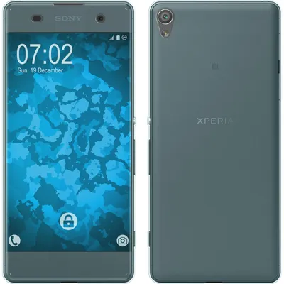 Front and back view of a Sony Xperia XA smartphone with a teal case and a blue abstract wallpaper on the screen.