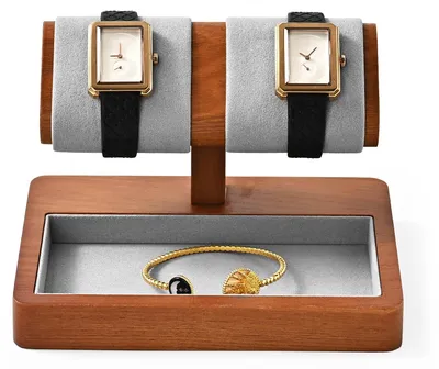 Image de Présentoir à montres double, sobre et multifonctionnel, en bois massif, support pour montres, organiseur de montres, présentoir à montres (02)
