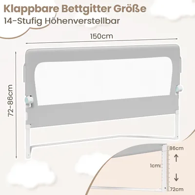 Produktbild von TolleTour 150cm klappbares Bettgitter, 180 Grad drehbares Bettschutzgitter für Kleinkinder, höhenverstellbar, luftiges Netz, für Kinderbett, grau