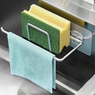 Produktbild von Schwammhalter Küche für Spülbecken Ohne Bohren, Spülschwammhalter Hängend, Spültuchhalter 304-Edelstahl, Spülschwamm Halterung, Spüllappenhalter mit 2 Selbstklebende Matten, Organizer Silber