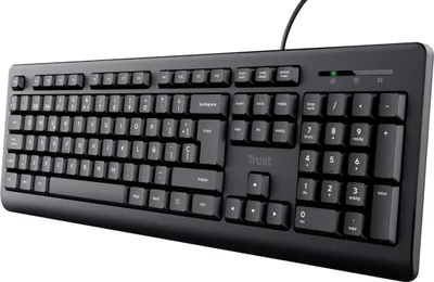 A black wired keyboard is shown from a diagonal angle against a white background.