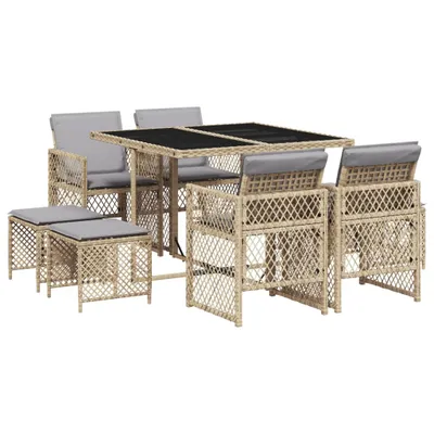Produktbild von 9-tlg. Garten-Essgruppe mit Kissen Beige Poly Rattan