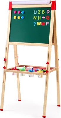 Produktbild von SucceBuy 3-in-1-Kunststaffelei für Kinder, doppelseitiges magnetisches Whiteboard aus Holz, Kreidetafel und Papierrolle, verstellbares stehendes Zeichenbrett, Malzubehör, Jungen/Mädchen