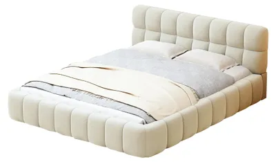 Obrázok produktu pre Čalúnená posteľ "Bubble" - dvojlôžko 160x200 cm - drevený rám s roštom - mäkká opierka - úložný priestor pod posteľou - poťah z ľanu - béžová farba