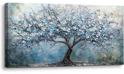 Obrázek produktu pro Obraz na plátně, kvetoucí strom, abstraktní, modrá barva, rozměry 50x100 cm, dekorace na zeď, vhodná do obývacího pokoje, ložnice nebo kanceláře