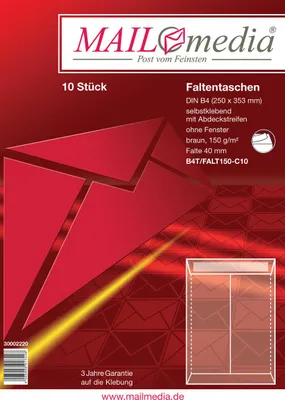 Produktbild von Faltentaschen - B4 ohne Fenster 40 mm-Falte Klotzboden haftklebend braun 150 g/q. Packung mit 25 Stück