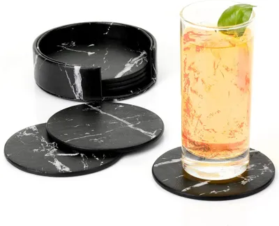 Obrázok produktu pre Prémiové kožené sklenené podložky s držiakom Sada 6 podložiek na poháre Obchodné podložky pre bar Office Home Marble (čierna)