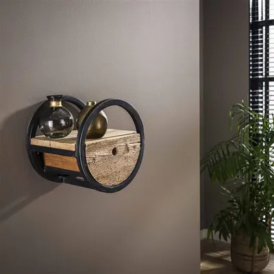 Produktbild von Hoyz - Wandregal Rund - Ø30 - Mit Schublade - Holz - Braun