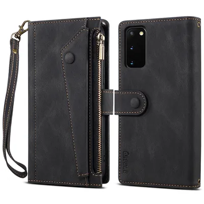 Obrázek produktu pro Ochranné pouzdro pro Samsung Galaxy S20 / S20 5G, kožené pouzdro na zip, skládací peněženka s přihrádkou na karty, stojánek a poutko černé