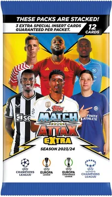 A pack of Topps Match Attax Extra trading cards for the 2023/24 season, featuring several football players.