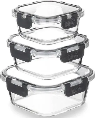 Imagen del producto de Conjunto de 3 recipientes herméticos de vidrio Unyqoos® – cuadrados, de 320/520/800 ml, apilables, de vidrio de borosilicato, herméticos e a prueba de fugas con tapa abatible, libres de BPA, aptos para horno, microondas y lavavajillas