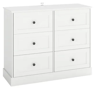 Zdjęcie produktu dla Komoda biała, 6 szuflad, wymiary 108 x 40 x 87 cm, z dekoracyjnym wzorem i czarnymi metalowymi uchwytami