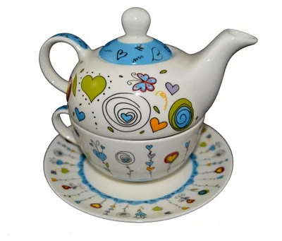 Produktbild von Teekannen-Set für eine Person aus Porzellan mit Tasse und Untertasse in Geschenkverpackung