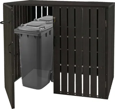 Produktbild von XL 2er-/4er-WPC-Mülltonnenverkleidung HWC-J28, Mülltonnenbox, Metall Holzoptik, erweiterbar  anthrazit