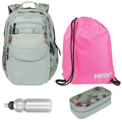 Produktbild von Schulrucksack Mädchen Schultasche 4 Teile Set Nitro Future Hero Rucksack inkl. Mäppchen Box, Sportbeutel, Trinkflasche grün rot Dead Flower +rtmf