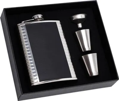 Produktbild von Geschenkset mit Flachmann, Flachmänner für Spirituosen für Herren mit schwarzem Lederbezug