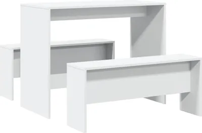 A white dining table and bench set is shown against a white background.