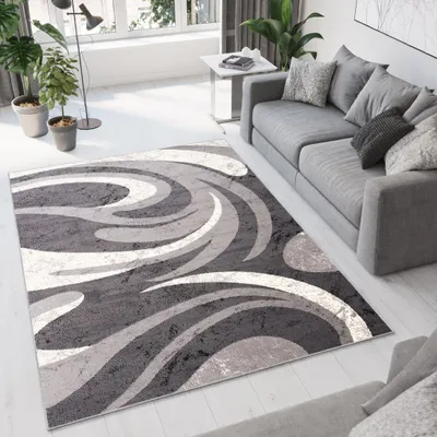 A modern living room with a gray sofa, a rug with a swirling pattern, and plants.