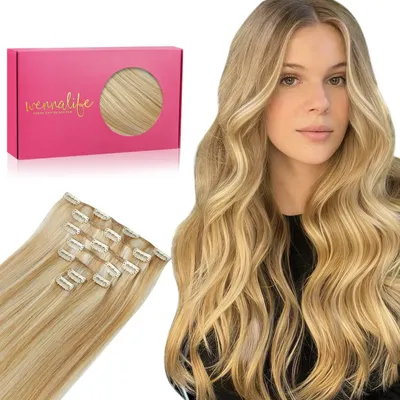Produktbild von Clip in Extensions Echthaar 70g 7tlg 50cm Karamellblond Highlights Bleichblond Remy